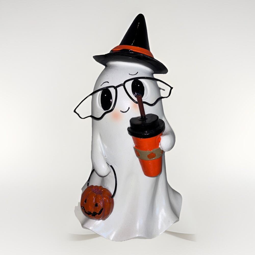 Halloween Cute Nerd Ghost Figurine Pumpkin Latte Drink Big Glasses Witch Hat NEW